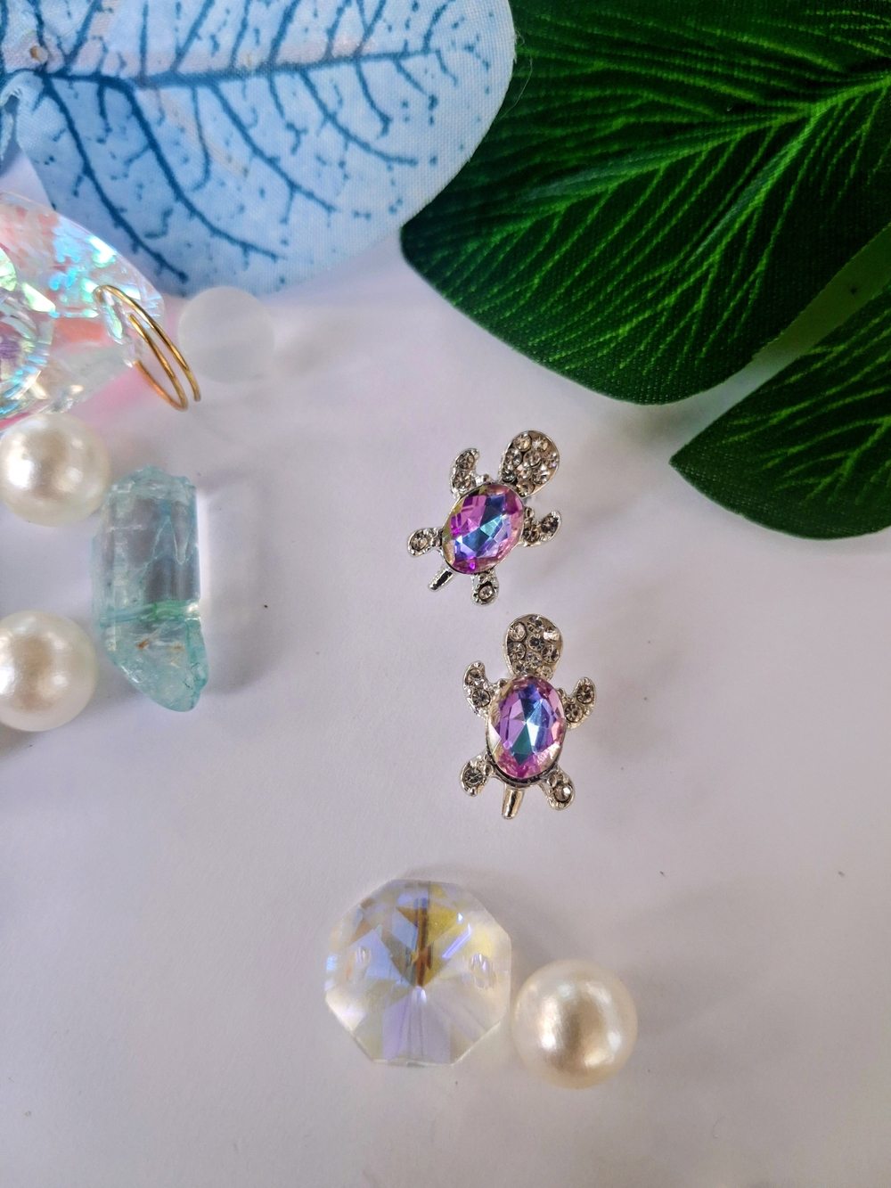 Iridescent Crystal Turtle Stud Earrings - Purple/Pink